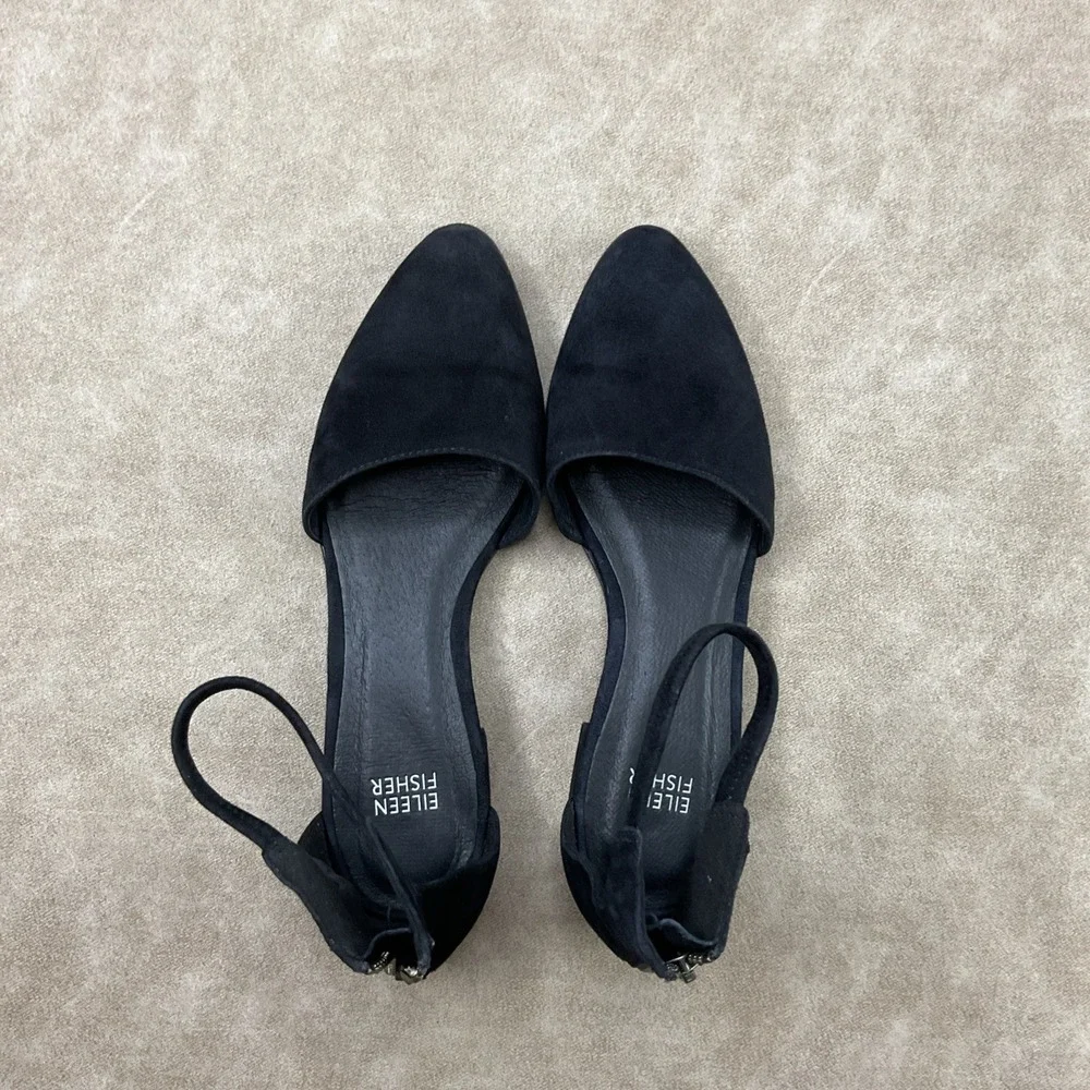 Eileen Fisher Heels 7.5 Sandals Ankle Strap Block Black Suede Vero Cuoio Career